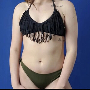 Red Camel Fringed Black Bikini Top - Medium